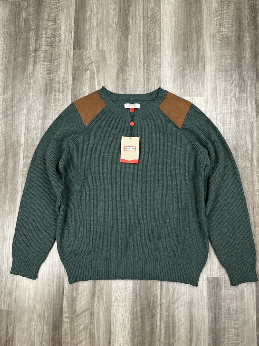 Hunter Faux Leather Patched Hunter Green Knit Crew Neck Sweater - XL